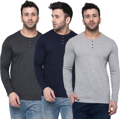 London Hills Self Design, Solid Men Round Neck Blue, Grey T-Shirt