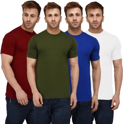 London Hills Solid Men Round Neck Dark Green, White, Maroon, Blue T-Shirt