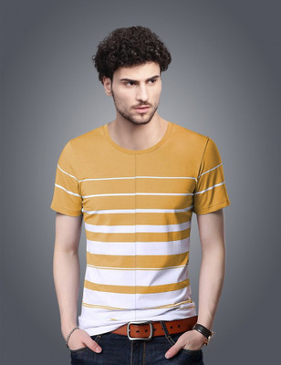 EyeBogler Striped Men Round Neck White, Yellow T-Shirt