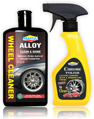 PRAFFUL Alloy Heavy Duty with Extra Shine 500ml + Rim/Chrome Cleaner 250 ml Wheel Tire Cleaner(Pack of 2)