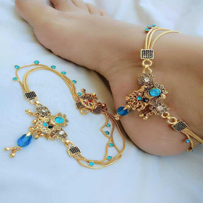 Pihoo Enterprise K Blue Stone Golden (ANKLET) - 57 Alloy Anklet(Pack of 2)