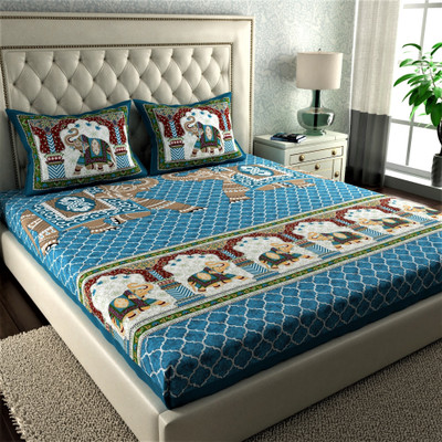 LA VERNE 144 TC Cotton Double Jaipuri Prints Flat Bedsheet(Pack of 1, Blue)
