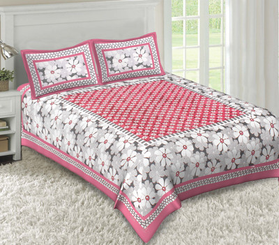 E ELMA Cotton Double Flat 144 TC Floral Bedsheet(Pack of 1, Pink)