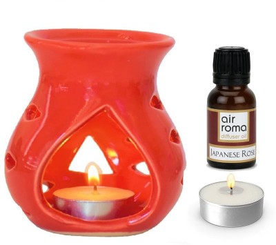 Airroma Ceramic Red Aroma Burner/Diffuser Set with 10ml Japanese Rose oil & 2 Pcs Candles Candle(Red, Pack of 4)