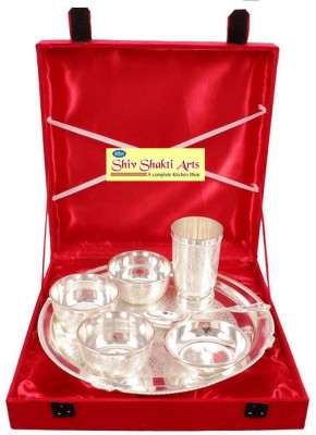 Shivshakti Arts Pack of 7 Silver Plated Premium Brass Silver Plated Dinner Set - (7 Pieces, With valvet Box, Eatching Karvi Design) - Dhanteras, Diwali, christmas or New Year Gifting Item Dinner Set(Silver)
