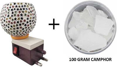 RIFOF Camphor Diffuser Set Ceramic Aroma Diffuser | Kapoor Dani Cum Night Lamp Premium Multi Functional Essential Oil Camphor Burner for Fragrance with Switch ON/Off Button for Heating Steel Incense Holder with 100g camphor(2 x 50 g)