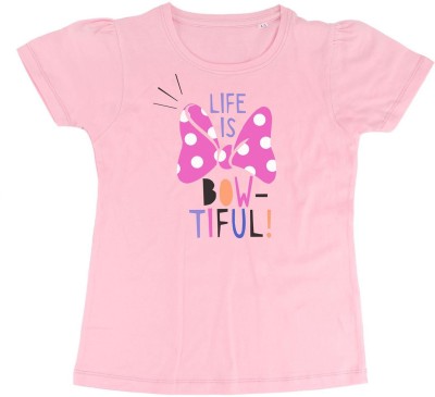 Minnie Girls Typography, Printed Pure Cotton T Shirt(Pink, Pack of 1)