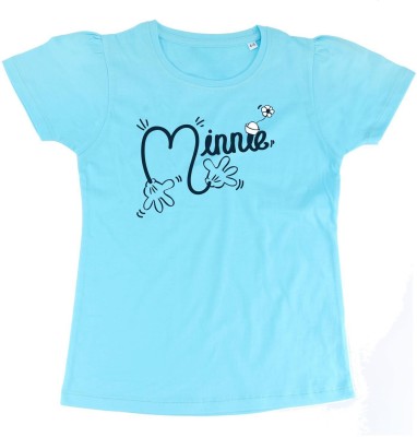Minnie Girls Typography, Printed Pure Cotton T Shirt(Blue, Pack of 1)