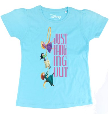 DISNEY PRINCESS Girls Typography, Printed Pure Cotton Regular T Shirt(Blue, Pack of 1)