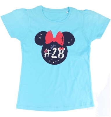 Minnie Girls Printed Pure Cotton T Shirt(Blue, Pack of 1)