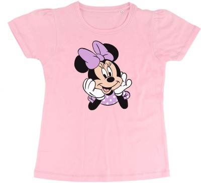 Minnie Girls Printed Pure Cotton Regular T Shirt(Pink, Pack of 1)