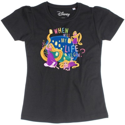 Disney By Wear Your Mind Girls Printed Pure Cotton Regular T Shirt(Black, Pack of 1)