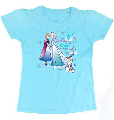 FROZEN Girls Printed Pure Cotton Regular T Shirt(Blue, Pack of 1)