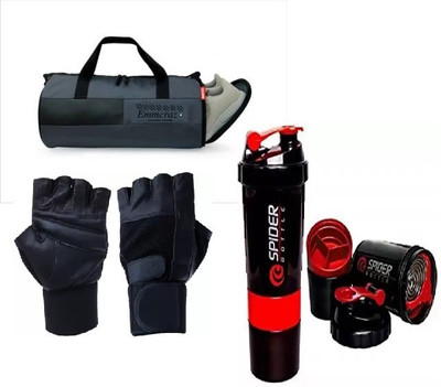EMMKITZ Combo Separate Shoe Compartment Grey Sports Duffel with red spider bottle & gym gloves Home Gym Kit Gym & Fitness Kit Fitness Accessory Kit Kit