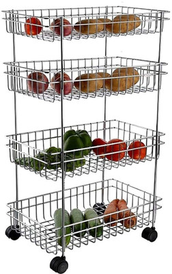 MapleTex 4 Layer Portable Modern and Stand kitchen rack Trolley Stainless Steel Fruit & Vegetable Basket(Steel)