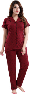 Womenoire Women Printed Maroon Shirt & Pyjama set