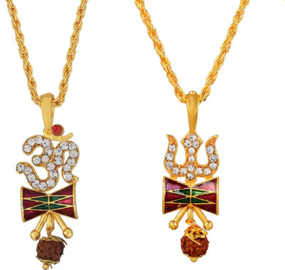 morir 2Pcs Red Garnet CZ Diamonds Gold Plated Religious Om Rudraksh Shiv Shakti Trishul Damru Pendant Chain Necklace Jewelry for Men Women Gold-plated Brass Pendant