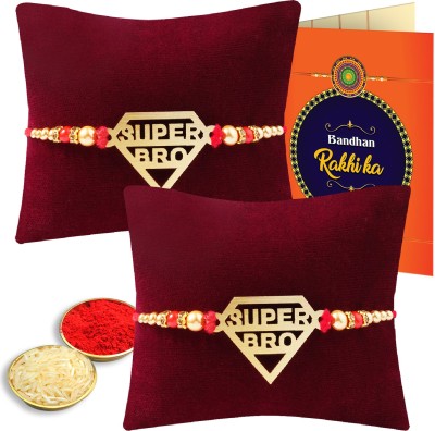 TOMAS WEENER Designer Rakhi for Brother Bhaiya Rakhi Set SUPER BRO Wood Rakhi for Brother Bhiya Kids with Raksha Bandhan Greeting Card Bro Rakhi Set Assorted Rakhi, Chawal Roli Pack, Greeting Card  Set(2 rakhi, 1 greeting card, roli chawal pack)