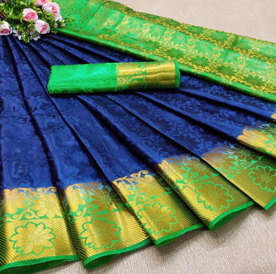 Morpich Fashion Striped Banarasi Silk Blend Saree(Blue)