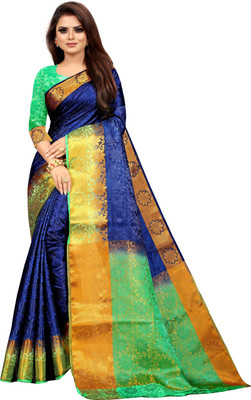 Morpich Fashion Striped Dharmavaram Silk Blend Saree(Dark Blue)
