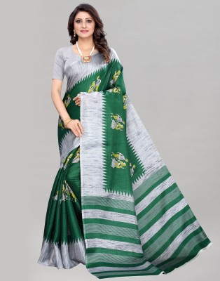 Samah Printed, Geometric Print, Floral Print Mysore Cotton Silk, Silk Blend Saree(Dark Green, Grey)
