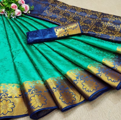 Morpich Fashion Striped Banarasi Silk Blend Saree(Light Green)