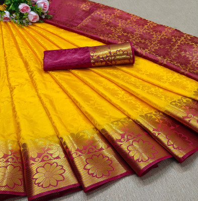 Morpich Fashion Striped Banarasi Silk Blend Saree(Yellow)
