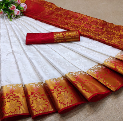 Morpich Fashion Striped Banarasi Silk Blend Saree(Cream)