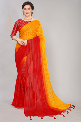 PMD Fashion Striped Bollywood Georgette Saree(Red, Yellow)