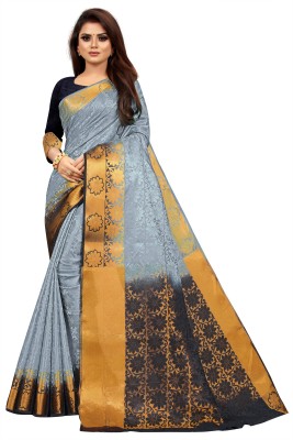 Morpich Fashion Striped Assam Silk Silk Blend Saree(Grey)