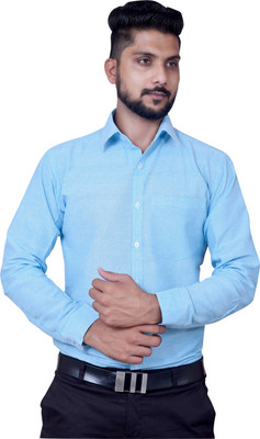 W S TEXTILE Men Self Design Formal Blue Shirt