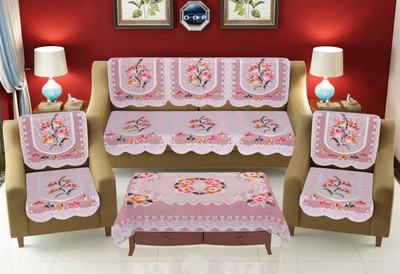 Udeek Cotton 3 Seater Sofa Floral Cover(Pack of 7 Pink)