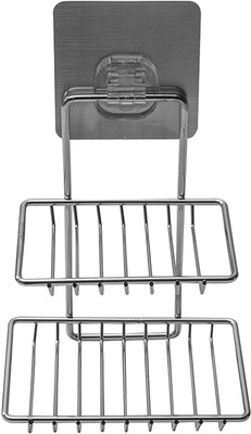 HVG TRADERS Wall Mounted Double Layer soap Dish Holder Stainless Steel Wall Hanging Soap Storage Rack for Kitchen Bathroom-with Self Adhesive Magic Sticker(Silver)