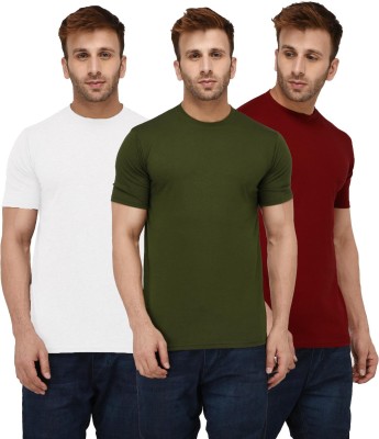 London Hills Solid Men Round Neck Dark Green, White, Maroon T-Shirt