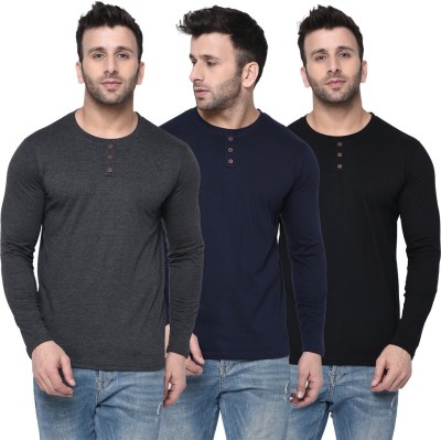 London Hills Self Design, Solid Men Round Neck Multicolor T-Shirt