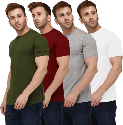 London Hills Solid Men Round Neck Dark Green, White, Maroon, Grey T-Shirt