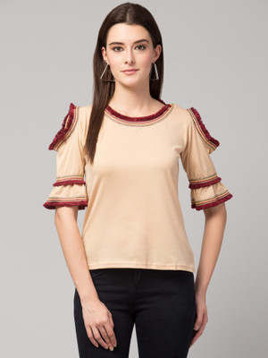 Fabitto Casual 3/4 Sleeve Solid Women Beige Top
