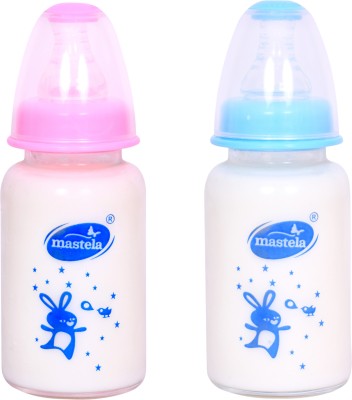 mastela Premium Quality High Borosilicate Glass Feeding Bottle/Feeder with Ultrasoft Flow Control Nipple for New Born Babies/Infants/Toddler (Blue & Pink, 125ml/4Oz) - 125(Blue & Pink)