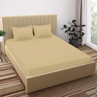 Icm 210 TC Satin Double Striped Flat Bedsheet(Pack of 1, Beige)