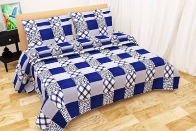 AJM 140 TC Microfiber Queen Checkered Flat Bedsheet(Pack of 1, Blue,grey)
