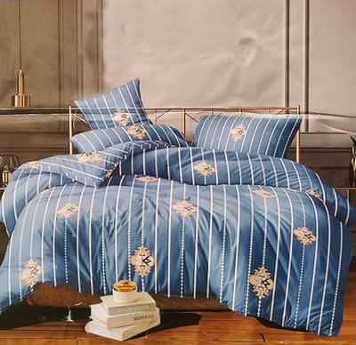 Craferia Export 200 TC Cotton Double Striped Flat Bedsheet(Pack of 1, Blue)