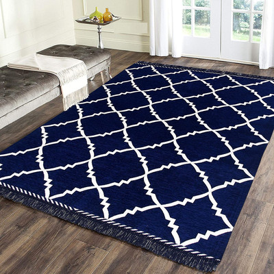 Sparrow world Blue Chenille Runner(5 ft,  X 7 ft, Rectangle)