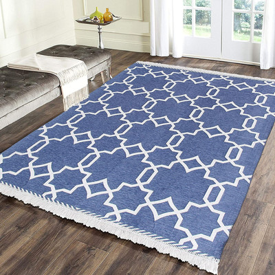 Sparrow world Blue Chenille Runner(5 ft,  X 7 ft, Rectangle)