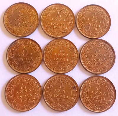 MANMAI COINS 9 COINS LOT - UNC NEW CONDITION - 1/12 Anna - George V 1936 Bronze 1.65 g 17.4 mm - BRITISH INDIA Medieval Coin Collection(9 Coins)