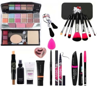 Dikyube 7 pcs makeup brushes set with TYA 5024 mini laptop kit 3D contour stick, primer, Fixer, high quality foundation, kajal, waterproof 36H Sketch eyeliner and 3 in 1 combo set, eyelashes curler and eyelashes with glue and beauty blander ( 13 item in the set)(13 Items in the set)