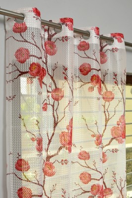 Panipat Textile Hub 214 cm (7 ft) Net Semi Transparent Door Curtain (Pack Of 2)(Floral, Red)