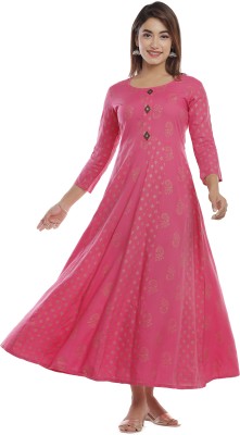 ERT IRAWAT Women Printed Gown Kurta(Pink)