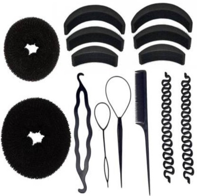 Sharum Crafts Banana Bumpit Hair Puff Up Maker Donut Magic Bun Topsy Tail Ponytail Holder Hair Styling tools Black-(Combo of 14 Pieces) Hair Accessory Set (Black) Hair Accessory Set(Black)