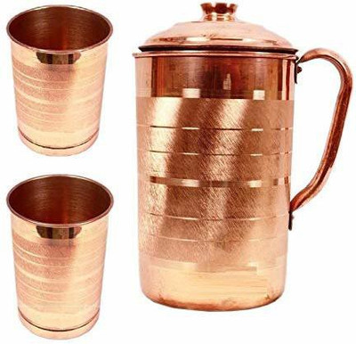 Moti Metal MMI Pure Copper Jug with 2 Glass (1700 ML of Jug, 250 ML of Each Glass) Best Quality/Super Jug Glass Set(Copper)