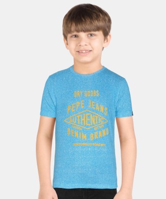 Pepe Jeans Boys Typography, Printed Pure Cotton T Shirt(Blue, Pack of 1)